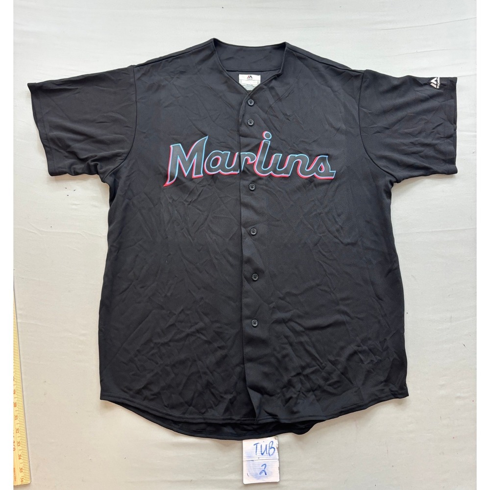 Majestic Miami Marlins MLB Baseball Jersey Mens XL Black Cool Base Button Up